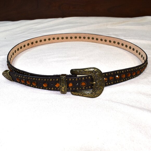 Western Rhinestone Studded Leather Belt Dark Brown XL Orange Stones - Picture 2 of 10